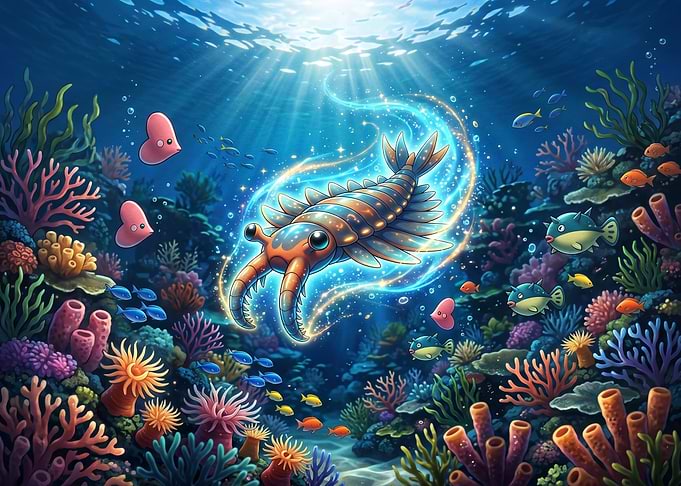 Magical Trilobite in Vibrant Coral Reef