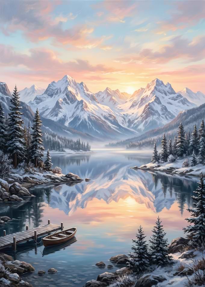 Snowy Mountain Lake at Sunset