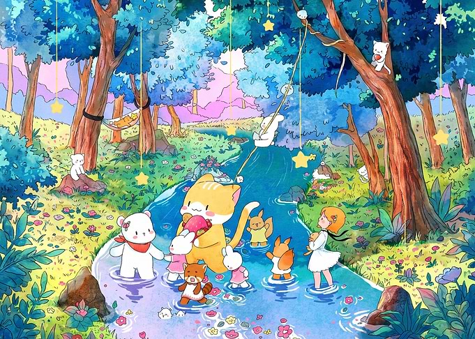 Whimsical Forest Scene with Cute Animals