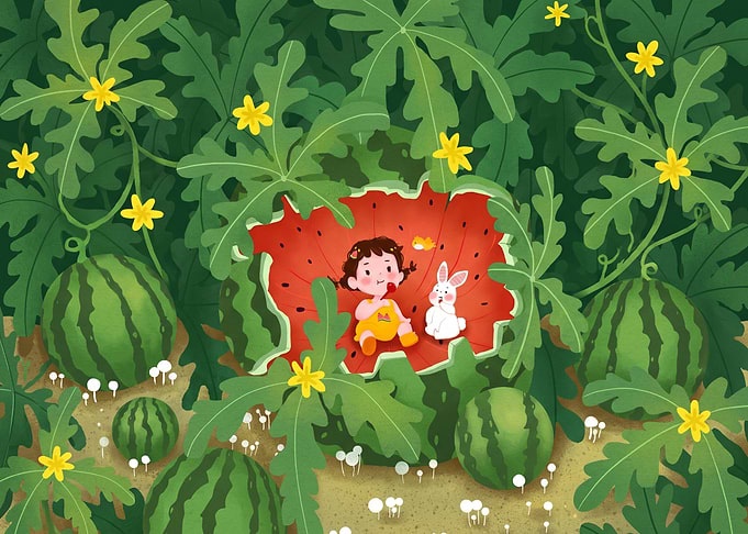 Girl and Rabbit in Watermelon Patch