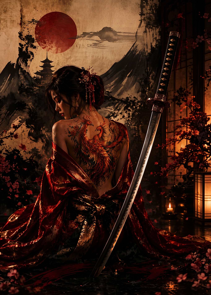 Woman with Phoenix Tattoo and Katana