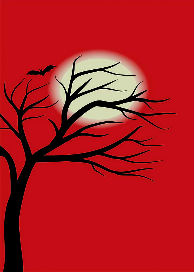 Spooky Halloween Tree and Bat Silhouette