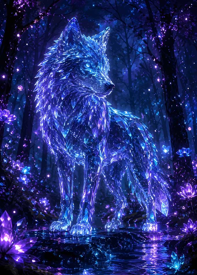Crystalline Wolf in Enchanted Forest