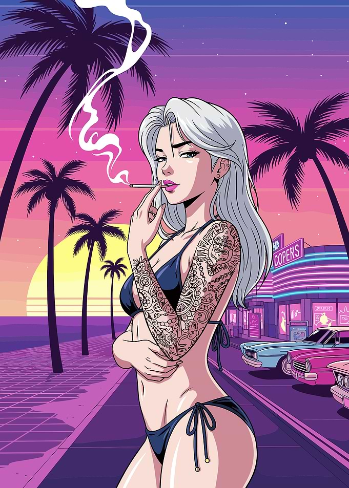 Retro Synthwave Girl with Tattoos