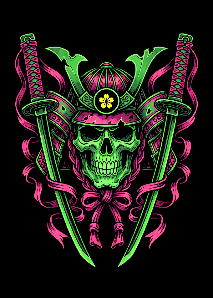 Neon Samurai Skull with Katanas