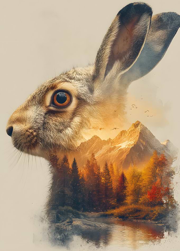 Double Exposure Rabbit and Mountain Landscape