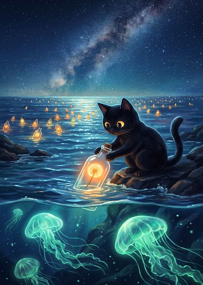 Black Cat Releasing Dandelion Message Bottle
