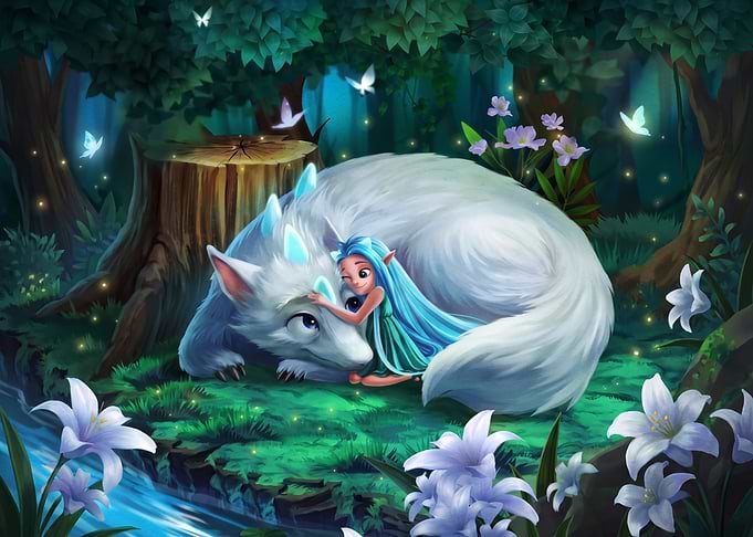 Fairy Girl Hugging Giant White Wolf