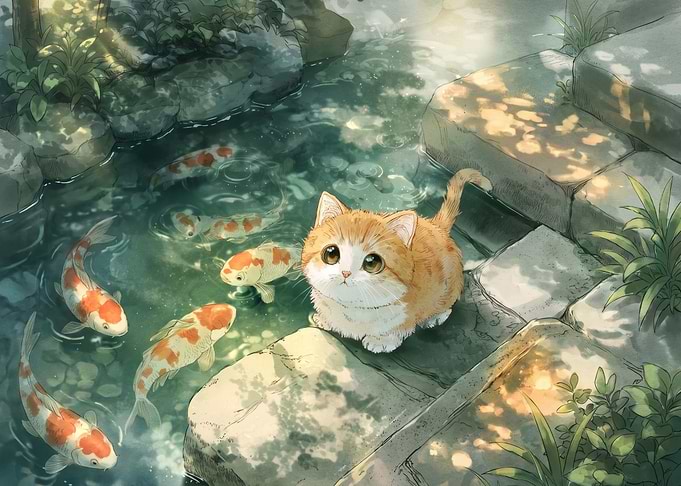 Cute Kitten Watching Koi Fish