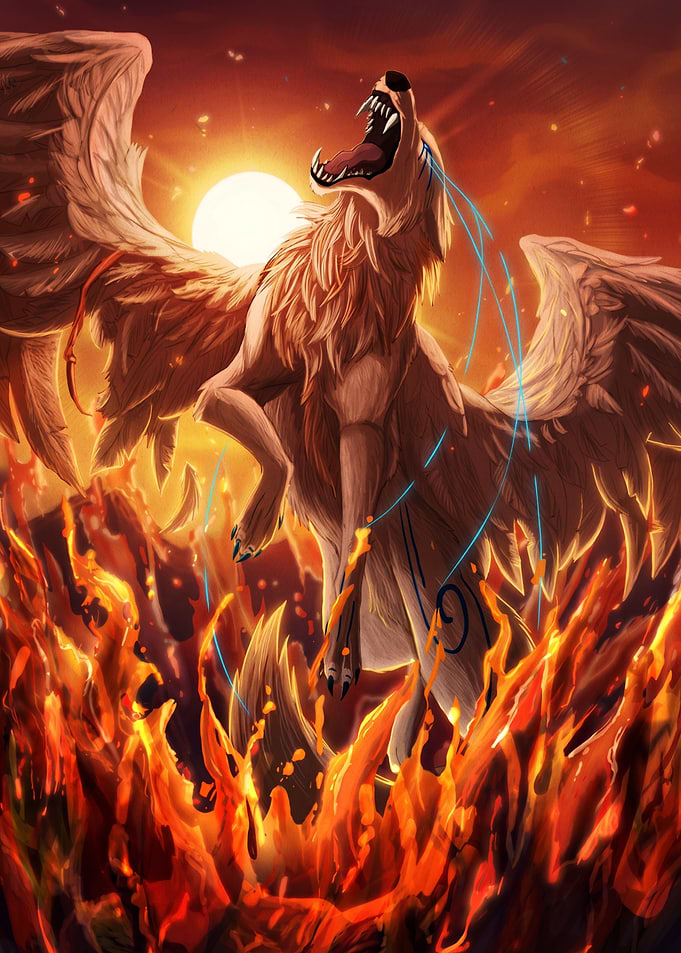 Winged Wolf Howling in Fire