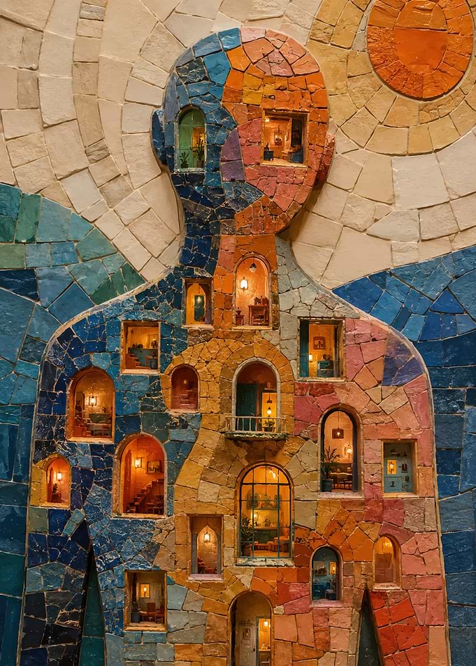 Mosaic Human Figure with Miniature Rooms