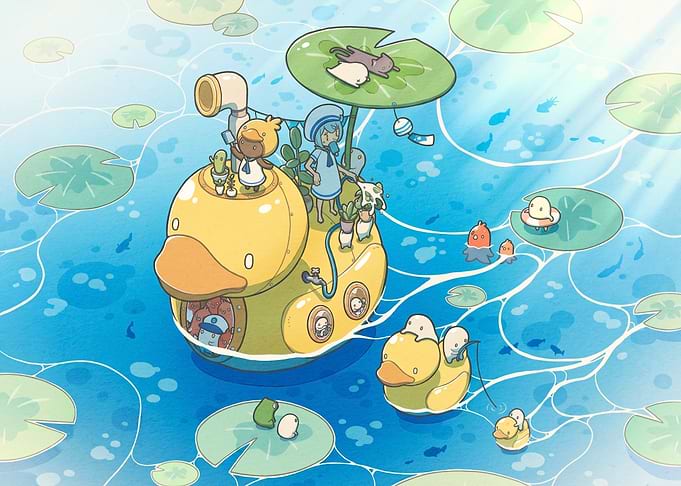 Whimsical Duck Submarine Pond Scene