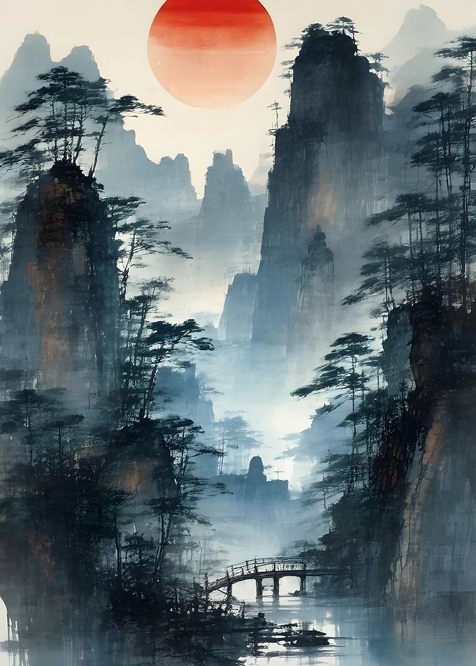Traditional Chinese Landscape with Red Sun