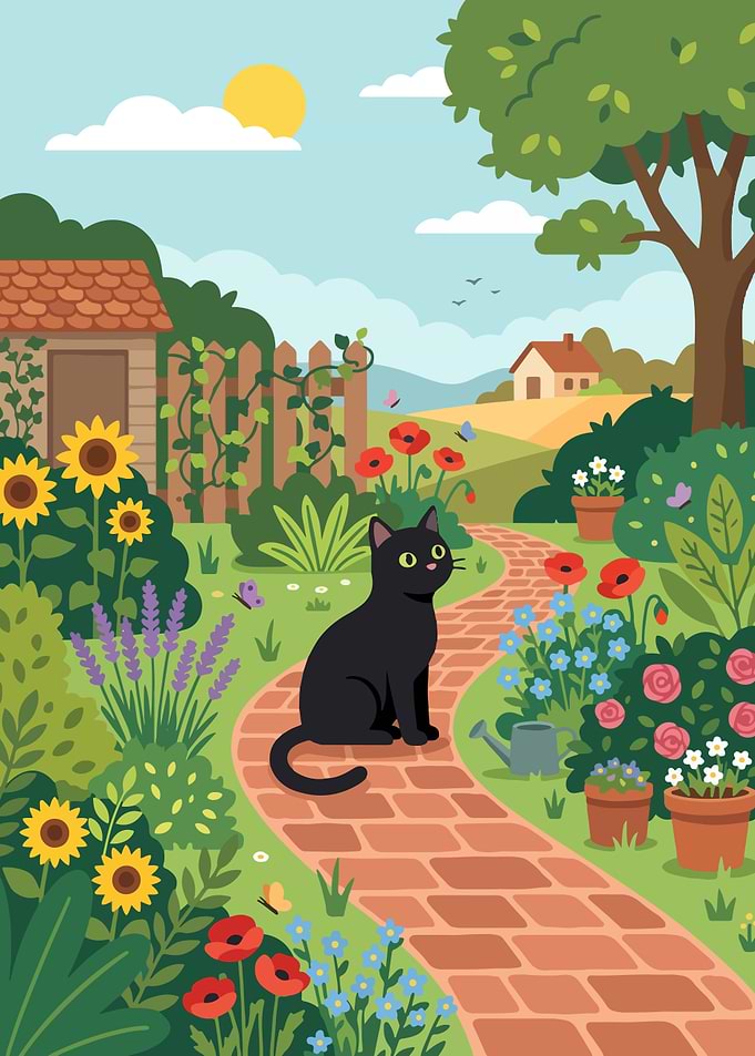 Black Cat in a Sunny Garden