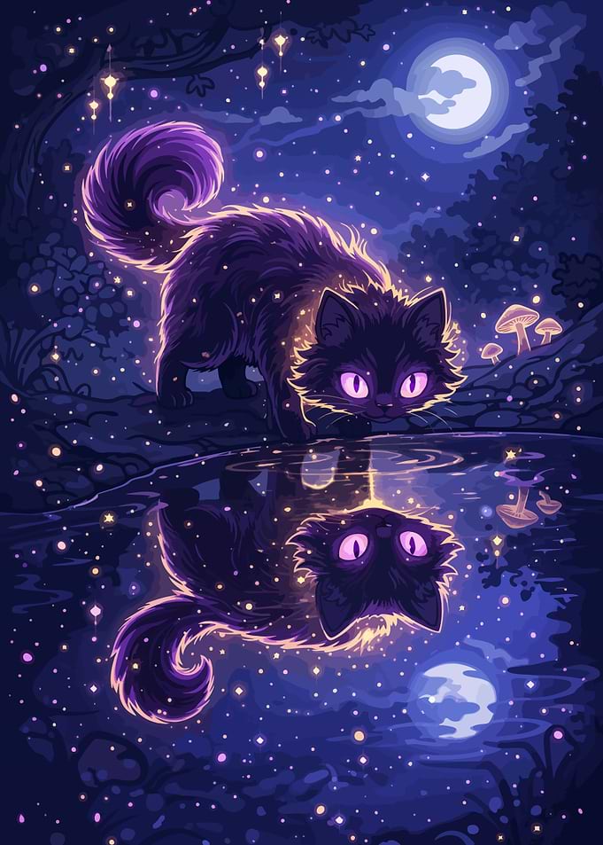 Magical Cat Reflecting in Moonlight