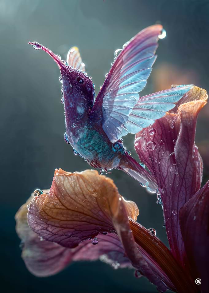 Hummingbird Hovering Over Dewy Flower