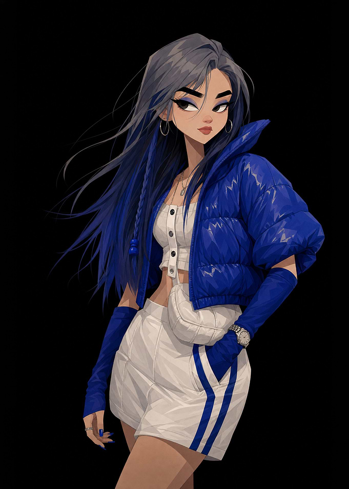 Stylish Girl in Blue Puffer Jacket
