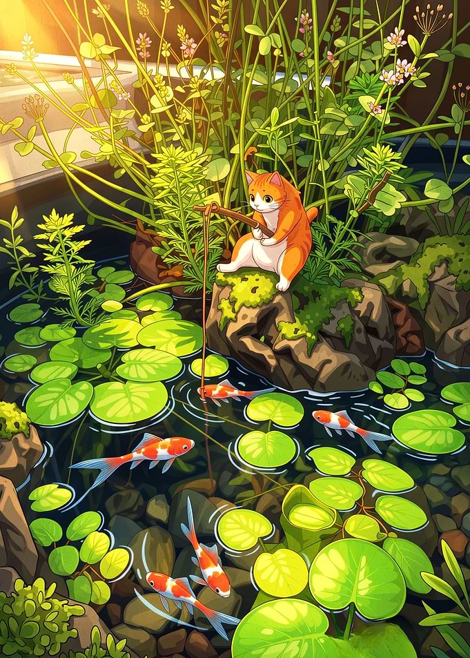 Cute Cat Fishing in Garden Pond