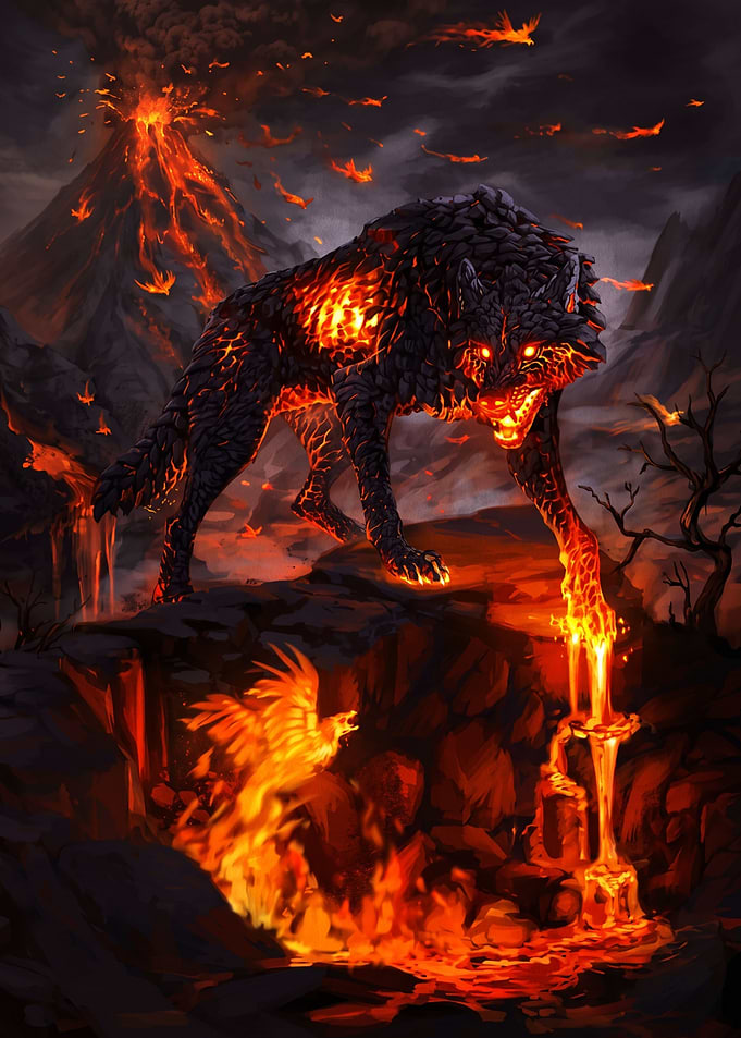 Fiery Lava Wolf and Phoenix