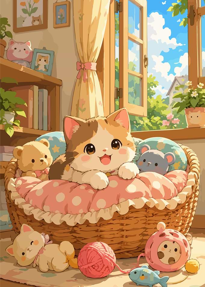 Cute Calico Kitten in Wicker Basket