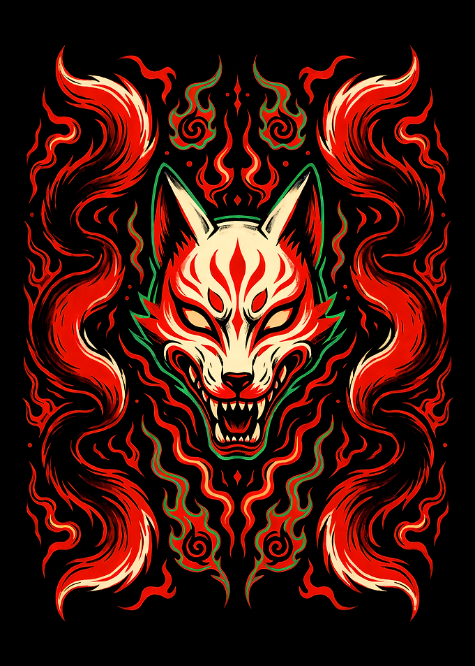 Kitsune Fox Mask with Red Flames