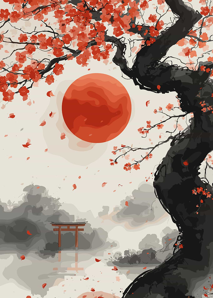 Japanese Torii Gate and Cherry Blossom