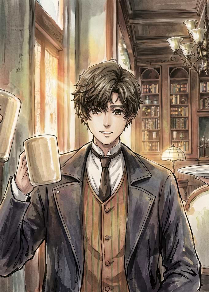 Young Man Holding Mugs in Library lord of the mysteries