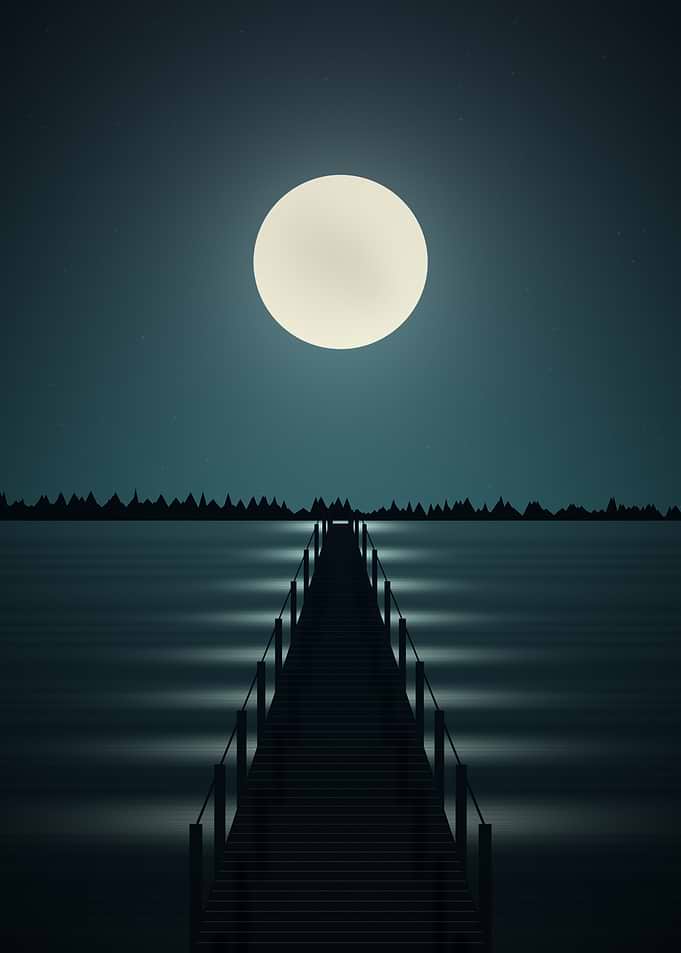 Moonlit Jetty - Minimalist Wooden Pier Under a Full Moon