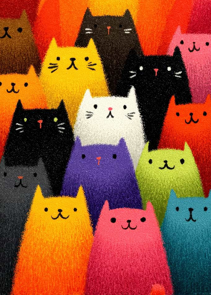 Colorful Crowd of Whimsical Cats