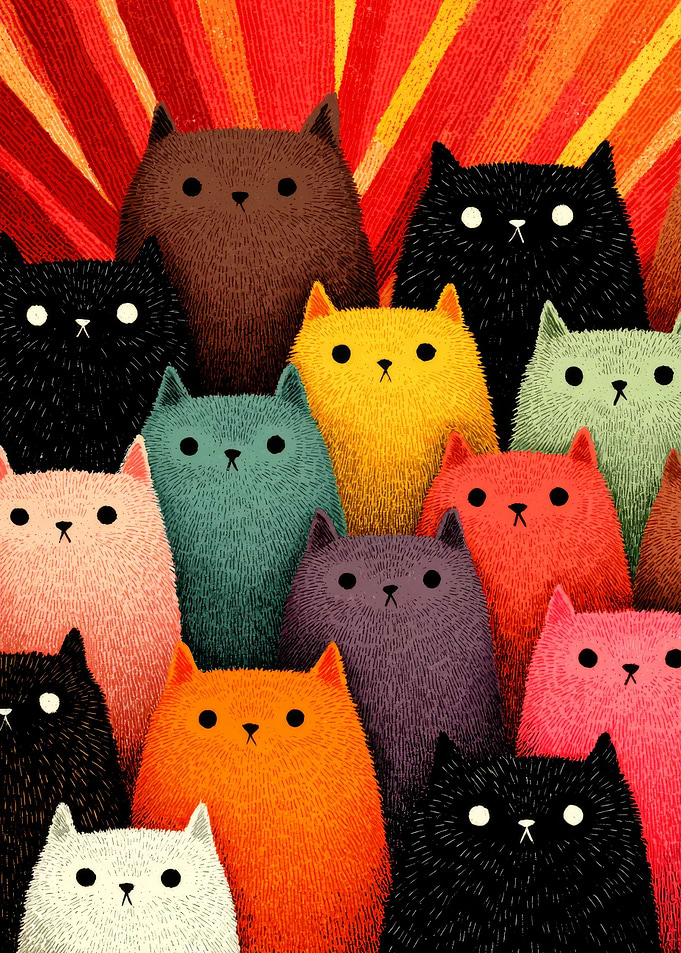 Colorful Crowd of Whimsical Cats
