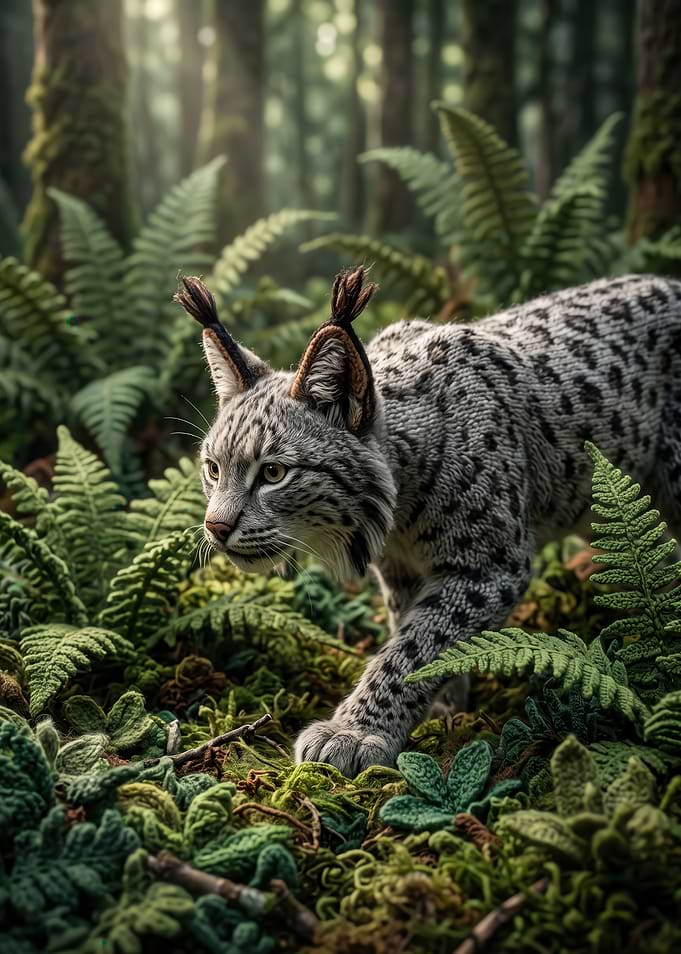 Crocheted Lynx in Forest Setting