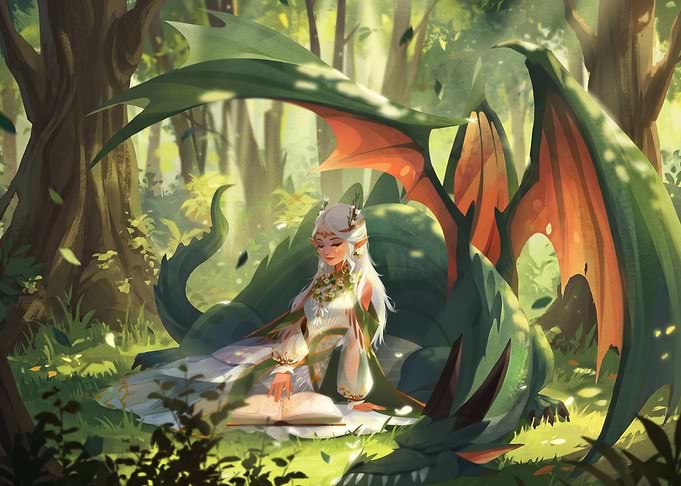 Elf Reading with a Dragon