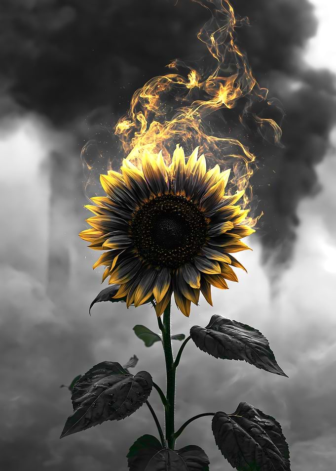 Burning Sunflower in Smoke