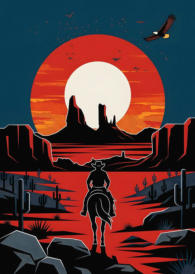 Cowboy Riding Through Desert Sunset