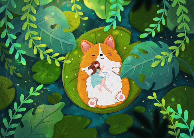 Girl Sleeping on Giant Corgi