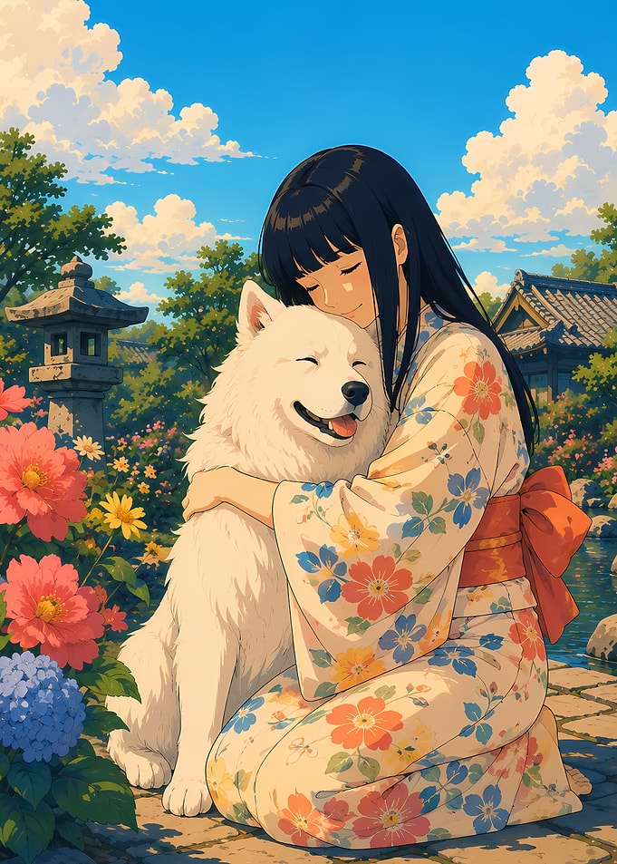 Girl in Kimono Hugging White Dog