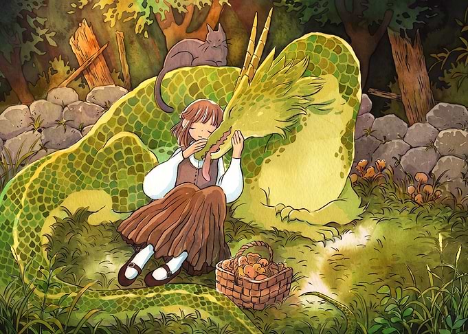 Girl Cuddling a Gentle Dragon