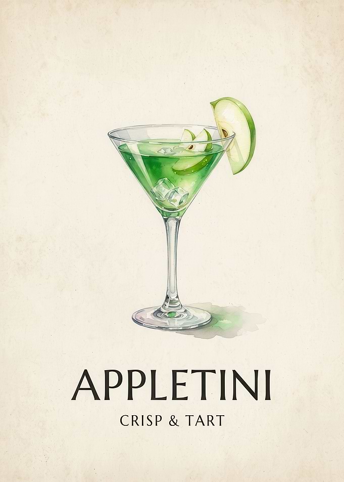 Appletini Cocktail Watercolor Art Print