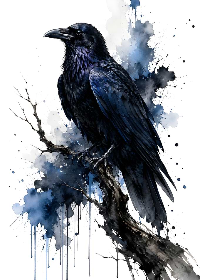 Watercolor Raven Perched on Branch