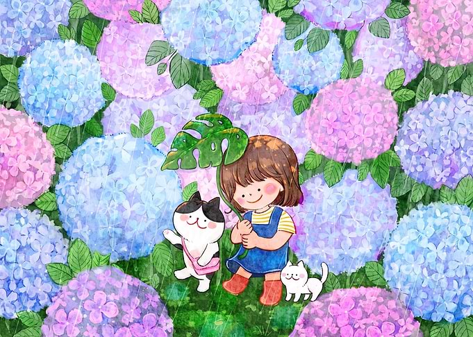 Girl and Cats in Hydrangea Garden