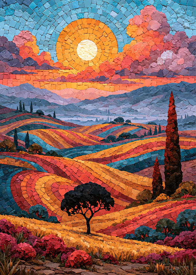 Vibrant Mosaic Landscape at Sunset