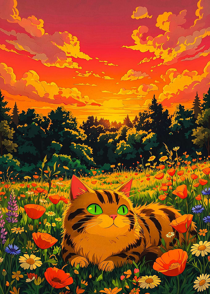 Tabby Cat in Sunset Meadow