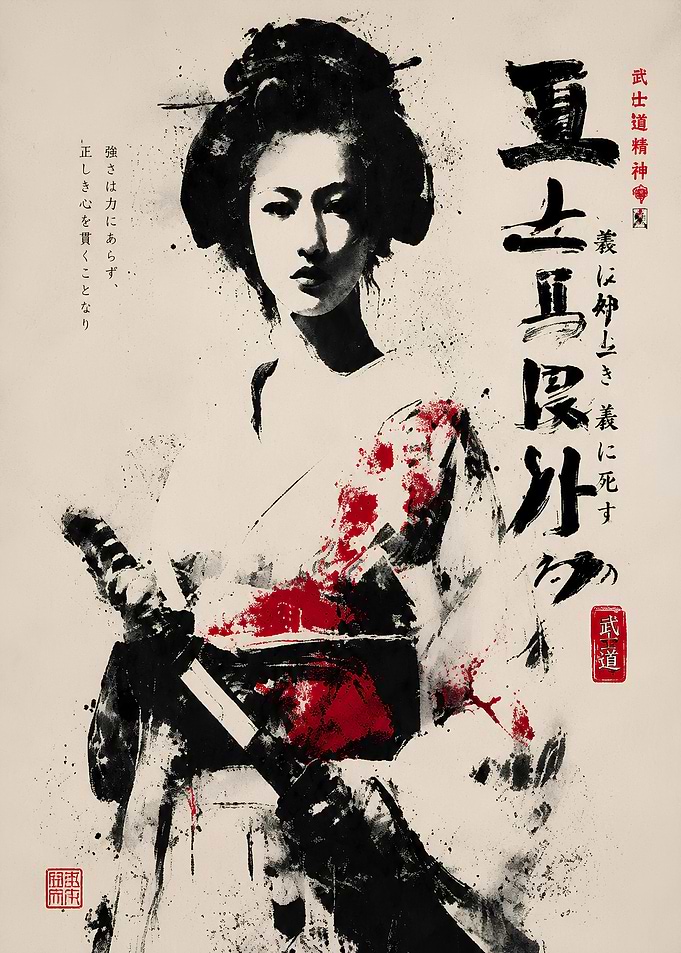 Samurai Woman Ink Wash Painting