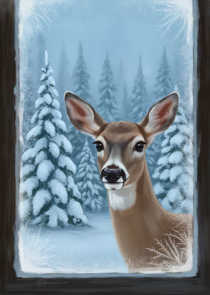 Deer Looking Through Frosty Window