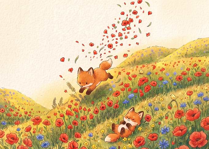 Two Cute Foxes Playing in Poppies
