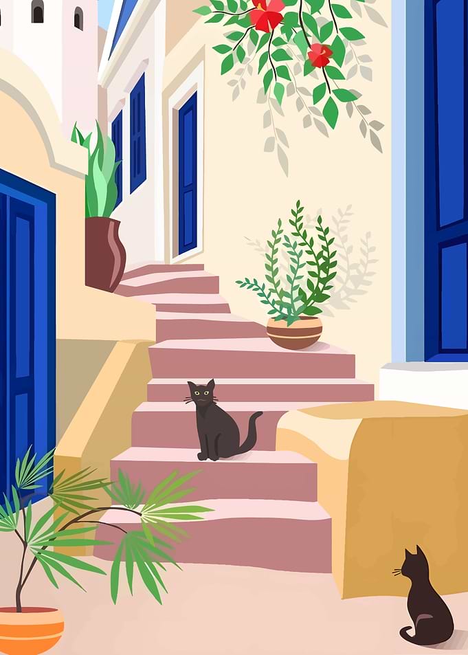 Mediterranean Street Scene with Cats