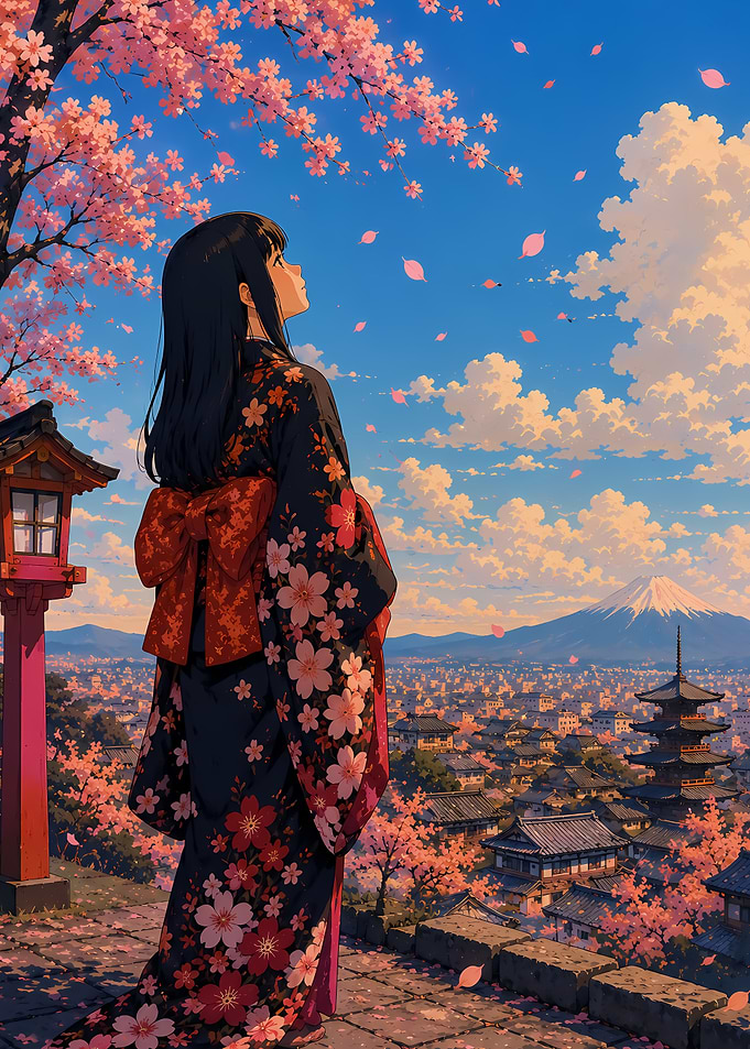 Girl in Kimono Watching Mount Fuji