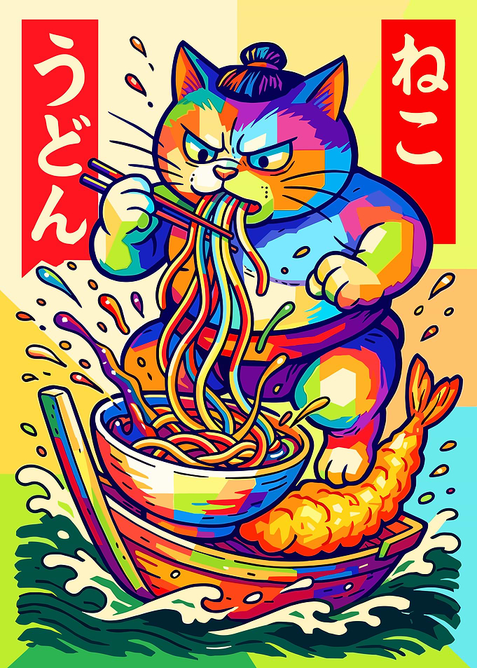 Sumo Cat Eating Udon Noodles