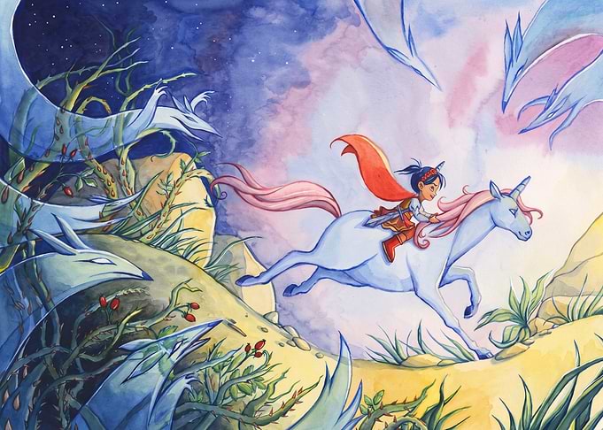 Girl Riding Unicorn Through Enchanted Forest