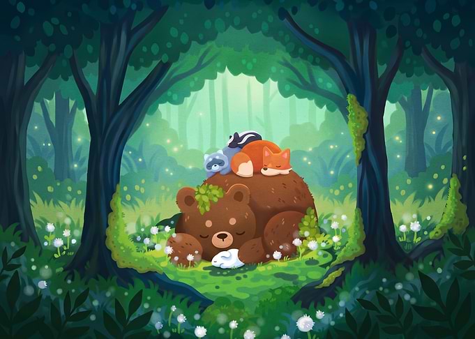 Sleeping Forest Animals Illustration